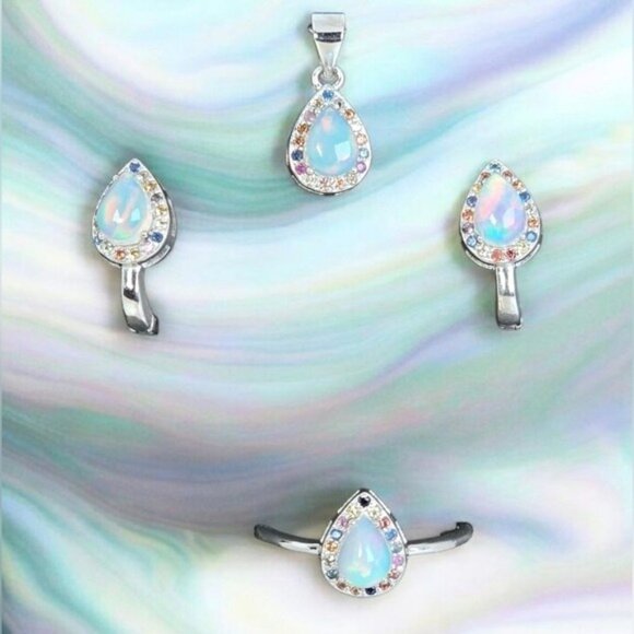 925 Sterling Silver Jewelry Set with Natural White Opal & Multicolor Sapphire - Picture 6 of 12